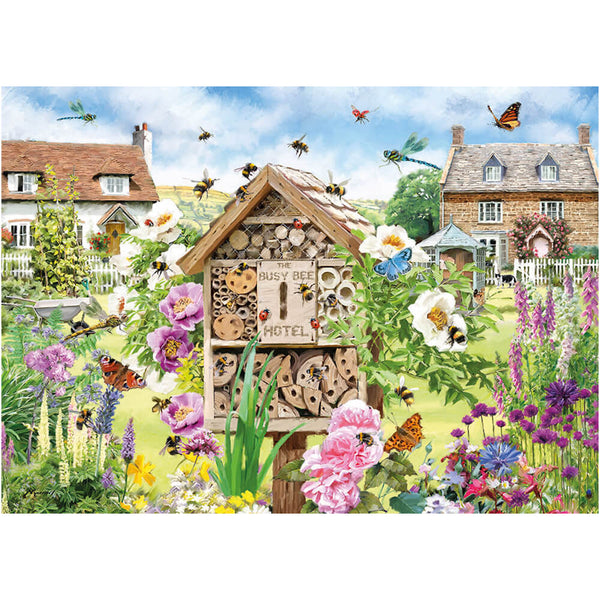 Bees and insects in a garden of flowers and two houses.