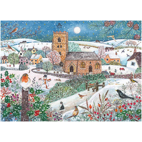 Winter village scene with a church, snow-covered landscape, and birds.