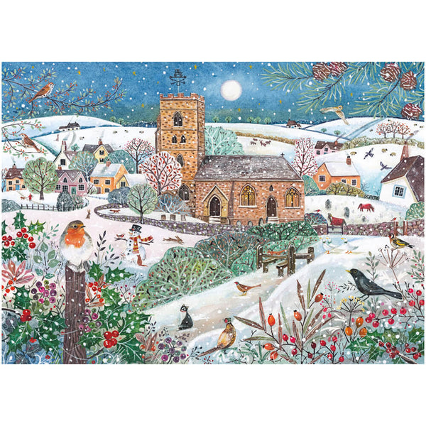 Winter village scene with a church, snow-covered landscape, and birds.
