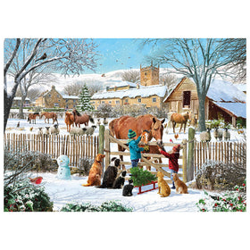 A festive winter village scene with children feeding horses and dogs in a snowy courtyard, surrounded by sheep, cows, trees, and rustic buildings under a blue sky.