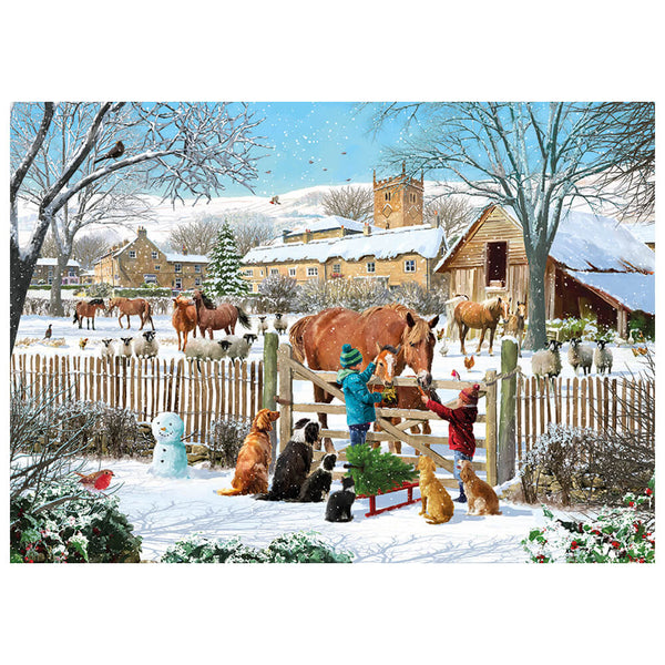A festive winter village scene with children feeding horses and dogs in a snowy courtyard, surrounded by sheep, cows, trees, and rustic buildings under a blue sky.