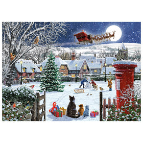 A festive winter village scene under a full moon, with Santa's sleigh flying overhead, snow-covered houses, a red post box, and several animals playing in the snow. This appears to be the artwork itself rather than a photo of a physical product in a room, so the best fit is Scenery.