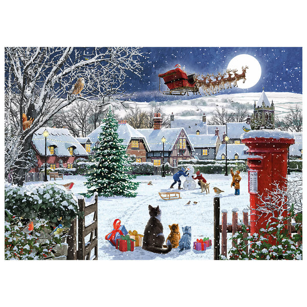A festive winter village scene under a full moon, with Santa's sleigh flying overhead, snow-covered houses, a red post box, and several animals playing in the snow. This appears to be the artwork itself rather than a photo of a physical product in a room, so the best fit is Scenery.