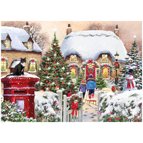 Snowcapped cottages with a charming snowman, cat and people pulling a sledge.