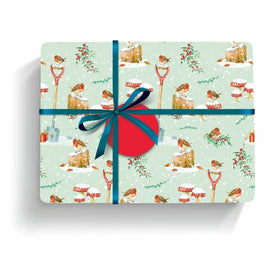 Gift wrapped in paper with a festive robin design and blue ribbon on a light green background