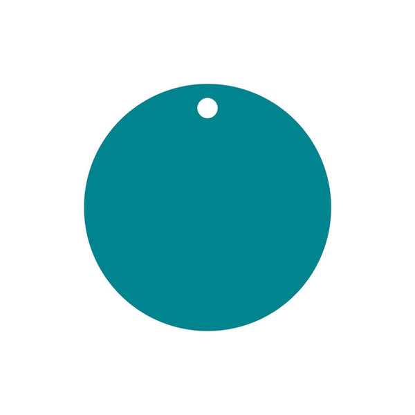 Blue teal circle with a pin hole on a white background.
