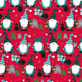 Pattern of Christmas gnomes, cats, and trees on a red background