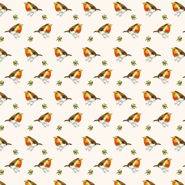 Pattern of Christmas robins and holly leaves on a white background
