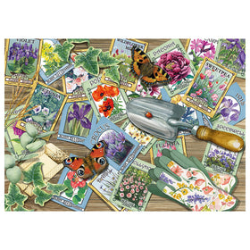 Multicoloured picture of seeds, butterflies and gardening tools on a white background.