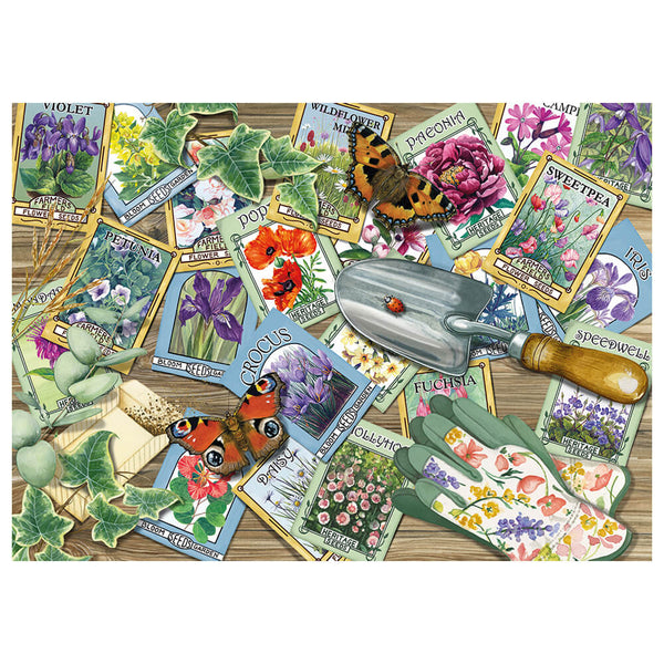Multicoloured picture of seeds, butterflies and gardening tools on a white background.