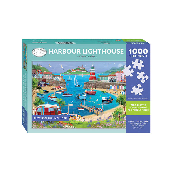 Harbour lighthouse 1000 piece puzzle. With a light and dark blue box on a white background.