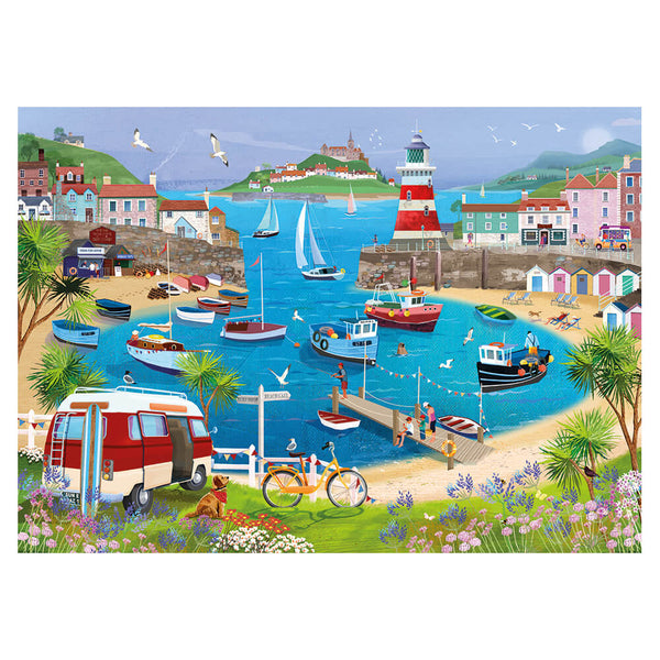 Harbour scene with a lighthouse, boats, houses around the sea. On a white background.