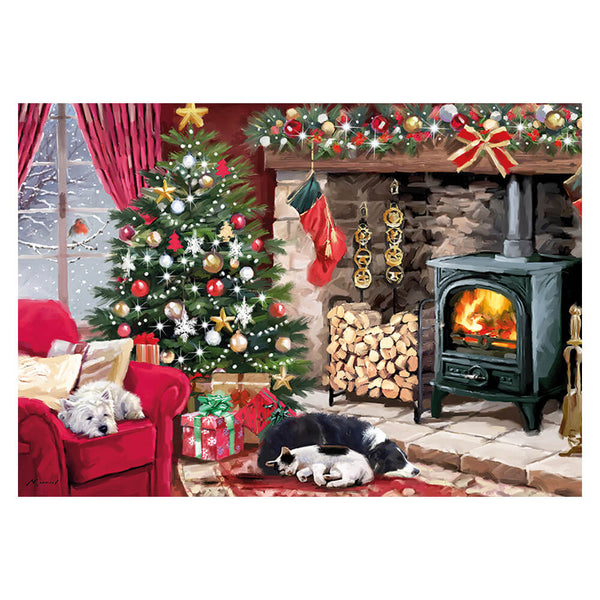A cozy Christmas living room scene with a decorated tree, fireplace, stockings, and two dogs resting on the floor. The scene appears to be the artwork itself rather than a photo of a physical product in a room, so this fits Scenery.