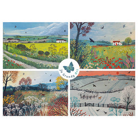 A four-panel landscape art print set by Jo Grundy Art, featuring whimsical countryside scenes with fields, trees, houses, birds, and rolling hills in a folk-art style. A circular Jo Grundy Art logo is centered over the panels.