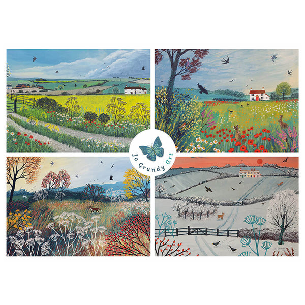 A four-panel landscape art print set by Jo Grundy Art, featuring whimsical countryside scenes with fields, trees, houses, birds, and rolling hills in a folk-art style. A circular Jo Grundy Art logo is centered over the panels.