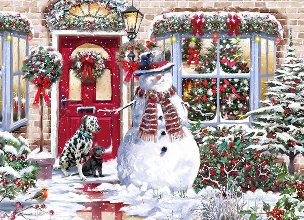 Completed picture of a snowman with a scarf in front of a festive decorated house and two dogs.