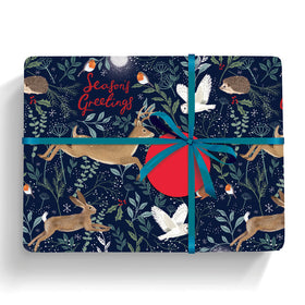 Wildlife design in dark blue with a blue ribbon on a white background.