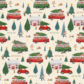 Red and green van with Christmas trees on a white background. 
