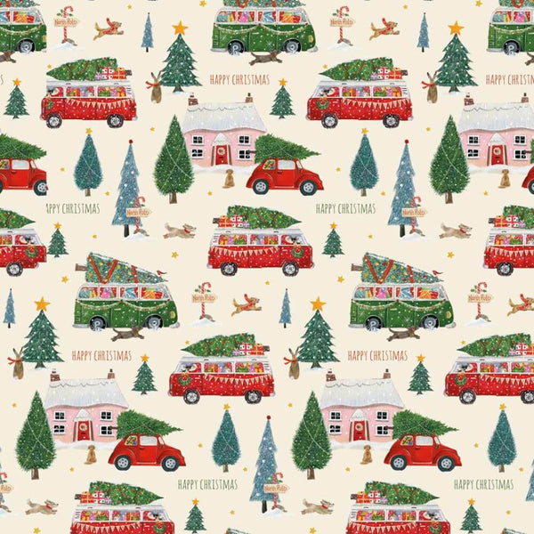 Red and green van with Christmas trees on a white background. 