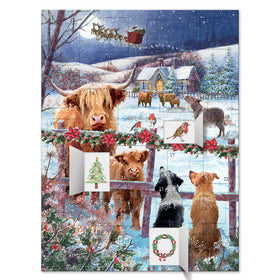 Stag and farm yard animals  with reindeers and a sleigh on a blue and white background.