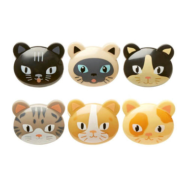 Set of six cat-shaped buttons with different color patterns on a white background