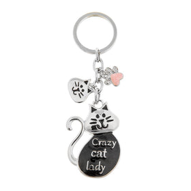 Keychain with cat design and 'Crazy cat lady' text on a white background