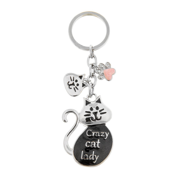 Keychain with cat design and 'Crazy cat lady' text on a white background