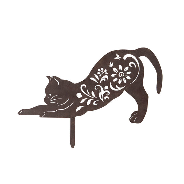 Bronze metal cat decoration with flower design on a white  background.
