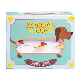 Box with image of a sausage dog string lights on a white background.