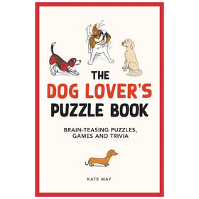 Dog Lover's Puzzle Book with brain-teasing games and trivia. Image of cartoon dogs on a white background.