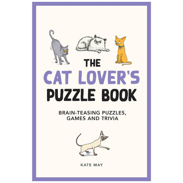 Cat lover's puzzle book with brain-teasing games and trivia on a white background.