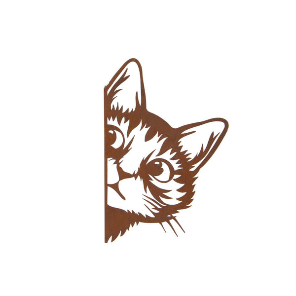 Peeking metal cat ornament on a white background.