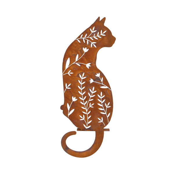 Bronze rustic metal cat design displaying leaves and flowers on a white background.