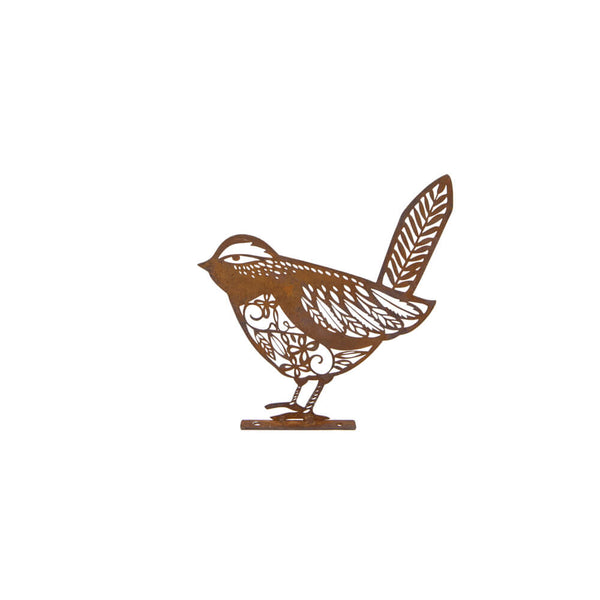 A metal fence decoration in the shape of a bird with cut-out floral details on a white background.