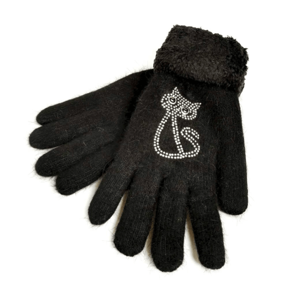 Black gloves with a decorative cat emblem on a white background