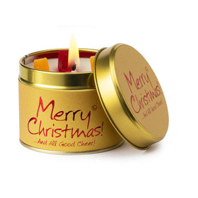 Gold Christmas candle in a tin with 'Merry Christmas! And All Good Cheer!' text.
