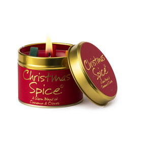 Candle in a red and gold tin with the wording Christmas Spice displayed on a white background.