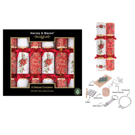 Harvey & Mason deluxe cracker with a poinsettia and Merry Christmas design in a black box and a picture of cracker gifts.
