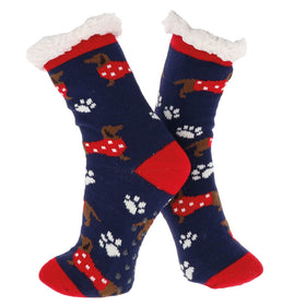 Blue and red socks with sausage dog design on a white background.