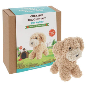 Crochet kit for creating a cockapoo toy with packaging and finished product displayed.