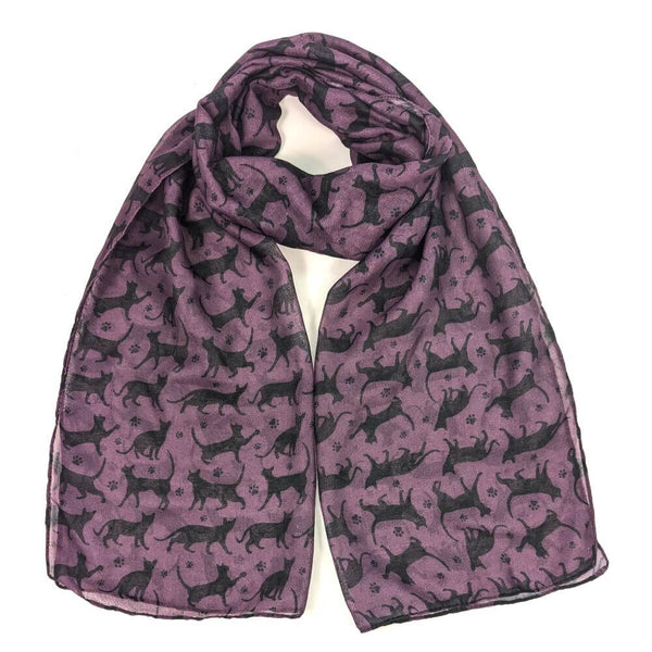 Purple scarf with black cat pattern on a white background.