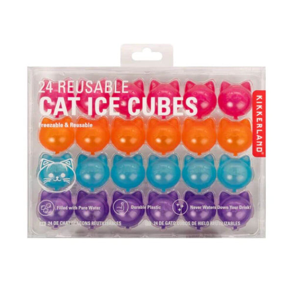 Cat design ice reuseable cubes in red, orange, blue and purple on a white background