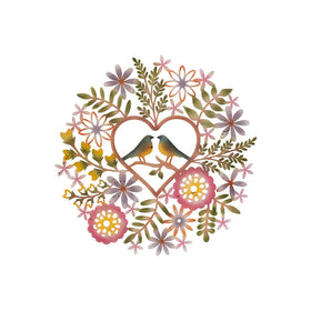 Decorative design with flowers, leaves, and two birds on a white background