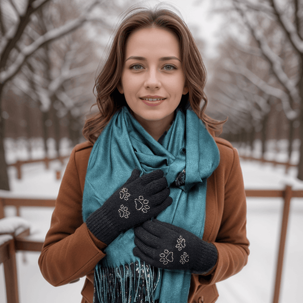 Woman wearing a teal scarf and black gloves with floral designs in a snowy outdoor setting.