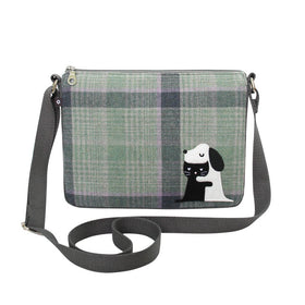 Tweed handbag with cat and dog motif and shoulder strap.