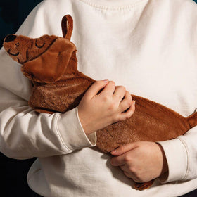 Person holding a brown dog-shaped hot water bottle against a white background
