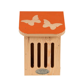 Orange wooden house with images of butterflies on a white background.