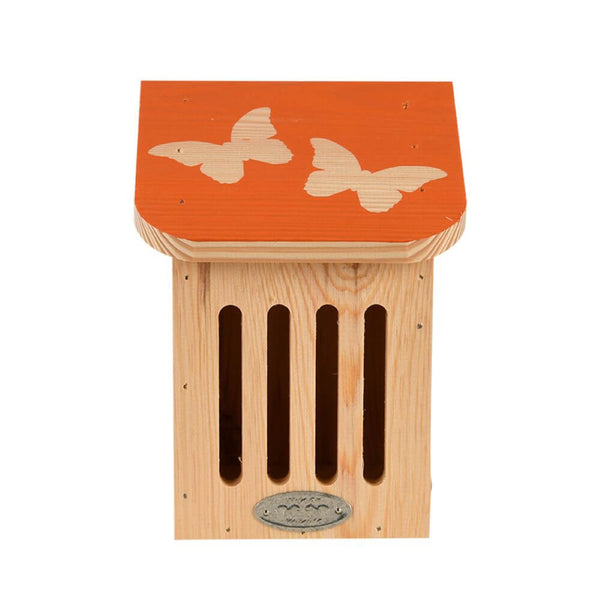 Orange wooden house with images of butterflies on a white background.