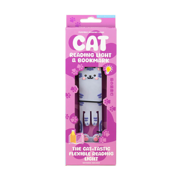 Cat-shaped reading light and bookmark packaging on a white background