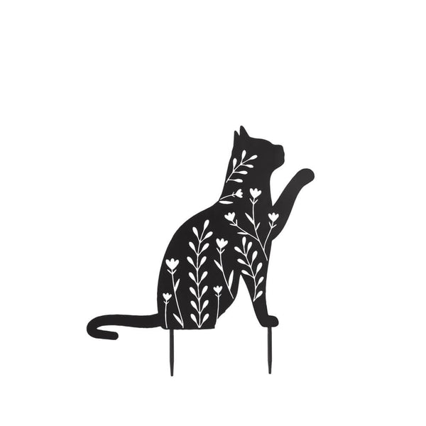 Black silhouette of a cat with floral patterns on a white background